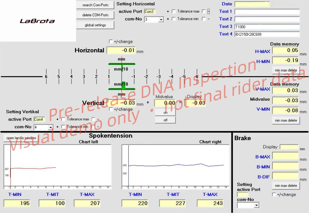 LaBrota Double. wheelset DNA certificate sample visual with horizontal and vertical runout, spoke tension and data memory fields